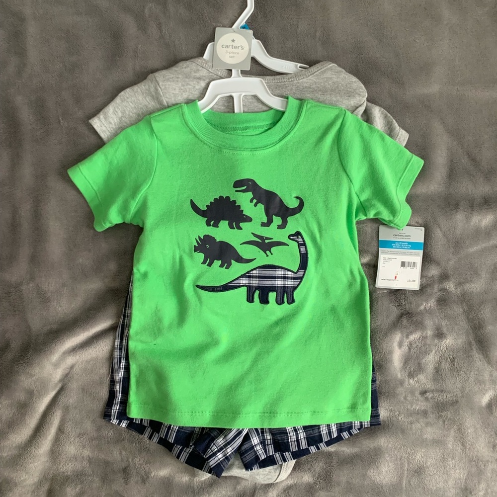 Green and Blue Plaid Dinosaur Shorts and Shortsleeved Set